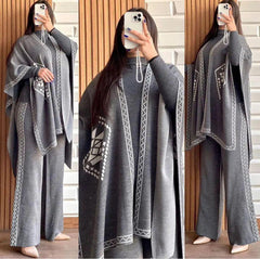 Front And Back Printed Upper Shawls With Plain Inner long Sleeves High Neck and Trouser - 3 Piece