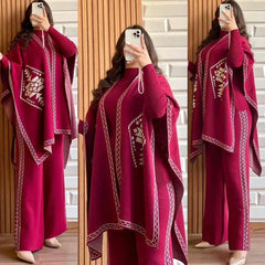 Front And Back Printed Upper Shawls With Plain Inner long Sleeves High Neck and Trouser - 3 Piece