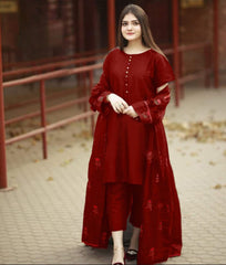 Rose Embroidered Lace Work Long Gown With Inner Trouser - 3 Piece