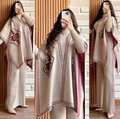 Front And Back Printed Upper Shawls With Plain Inner long Sleeves High Neck and Trouser - 3 Piece