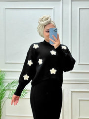 Revayat Black Bloomfit Ribbed Bodycon With Floral Top 2 Piece For Women