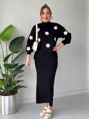 Revayat Black Bloomfit Ribbed Bodycon With Floral Top 2 Piece For Women