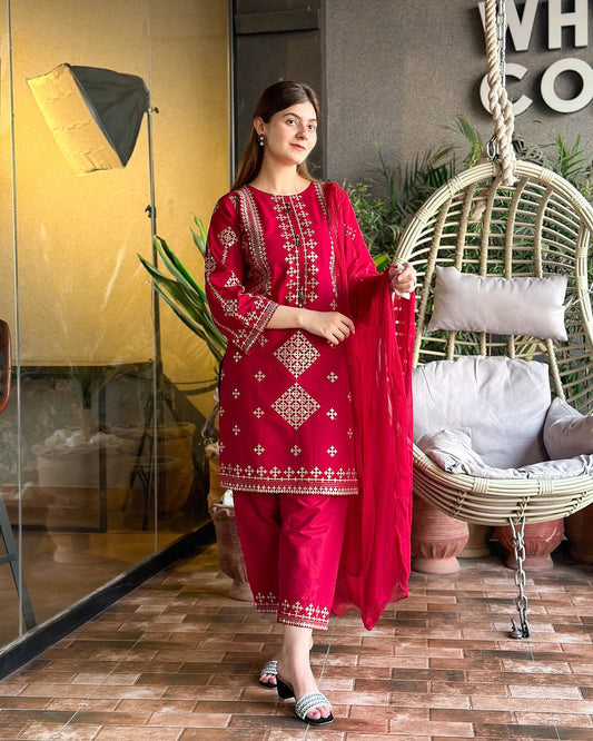 Front & Sleeves Heavy Sequence Embroidered Shirt with Embroiderer Trouser & Dupatta - 3 Piece