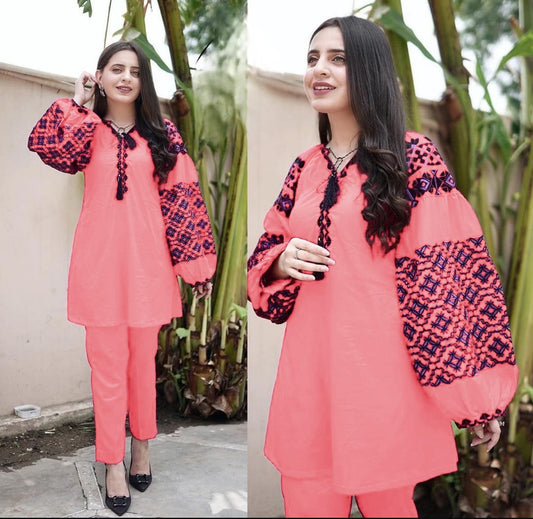 2 Piece Pure Linen Balloon Sleeves Embroidered