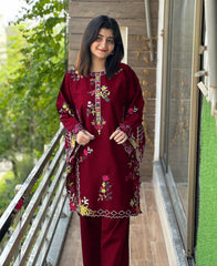 Multi Colorful Long Sleeves Embroidery Shirt With Trouser - 2 Piece
