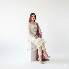 3 Piece - Embroidered & Handworked Suit – Neck, Sleeves & Daman with Embroidered Dupatta