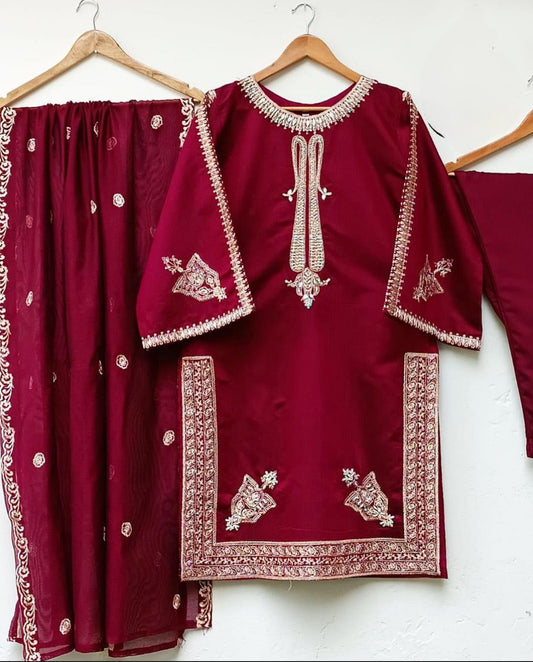 Embroidered Shirt with Dupatta – Front Neck, Sleeves & Daman Detailing - 3 Piece Suit