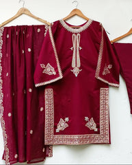 Embroidered Shirt with Dupatta – Front Neck, Sleeves & Daman Detailing - 3 Piece Suit