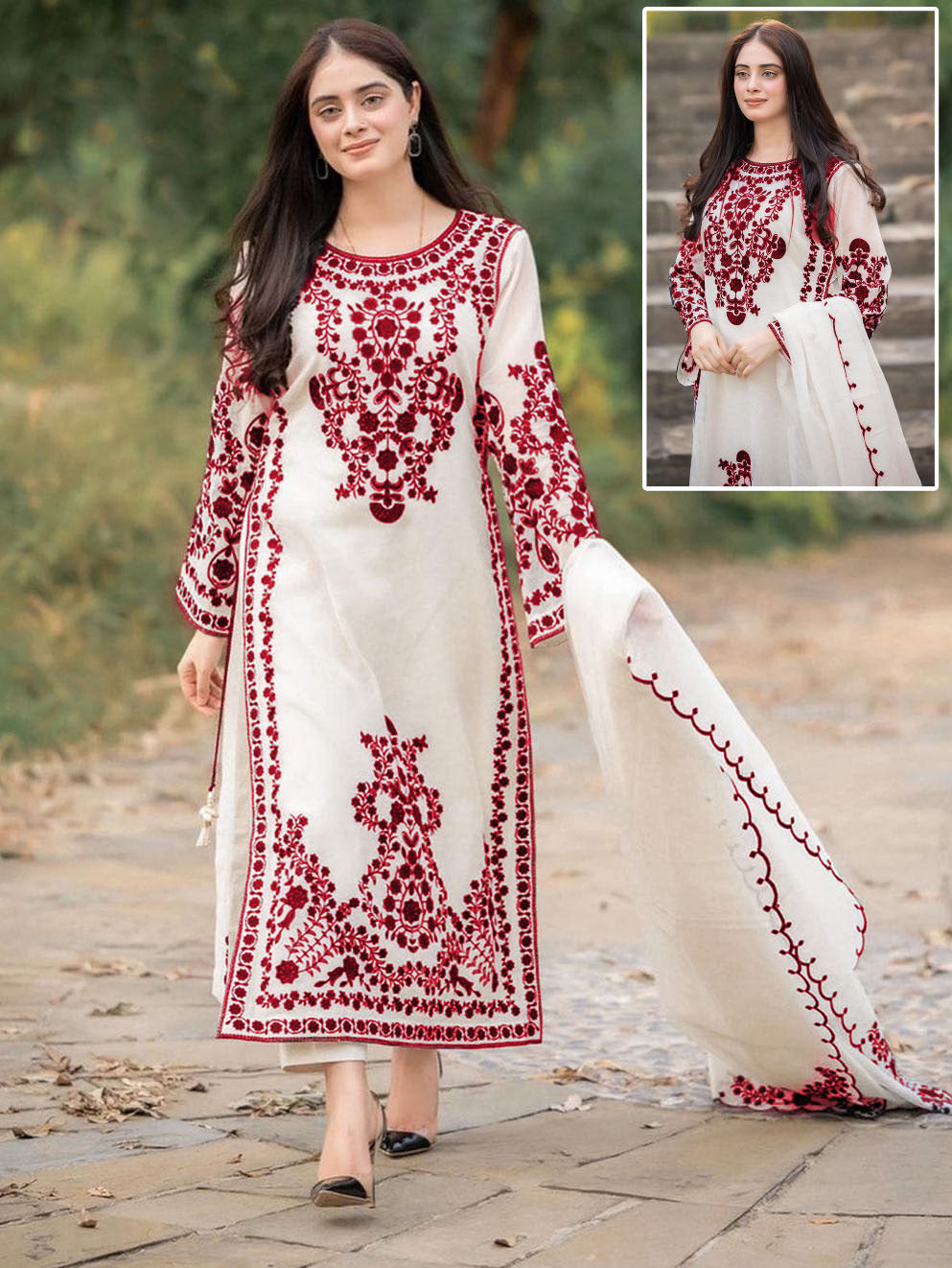 Front Heavy Embroidery Shirt With Frill Style Embroidered Dupatta 3 - Piece