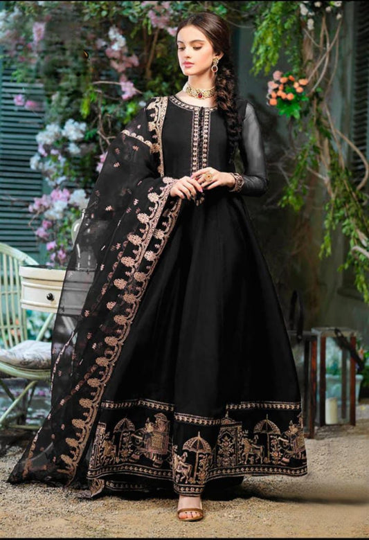 Shahi Border Embroidered Maxi with Neck Embroidery & Dupatta – 3 Piece