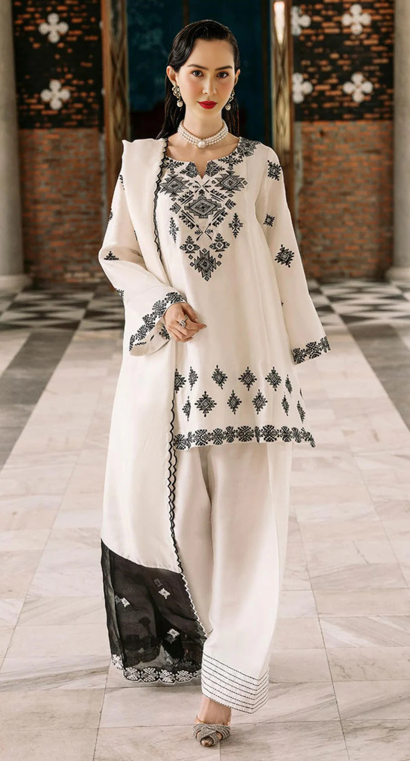 Embroidered Suit with Neck & Daman Detailing, Dupatta and Farshi Shalwar - 3 Piece