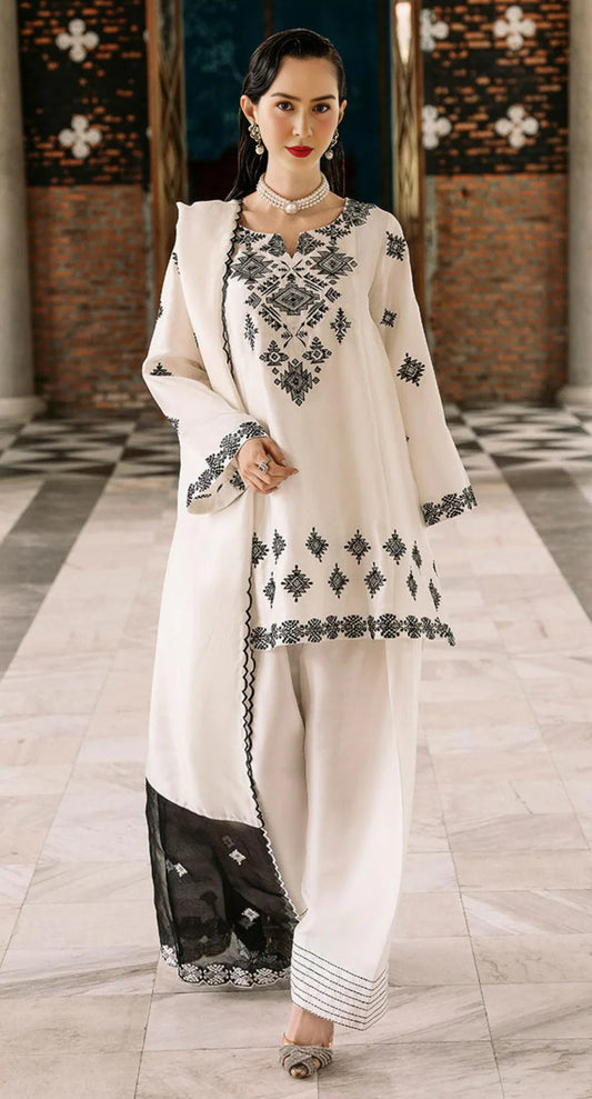 Embroidered Suit with Neck & Daman Detailing, Dupatta and Farshi Shalwar - 3 Piece