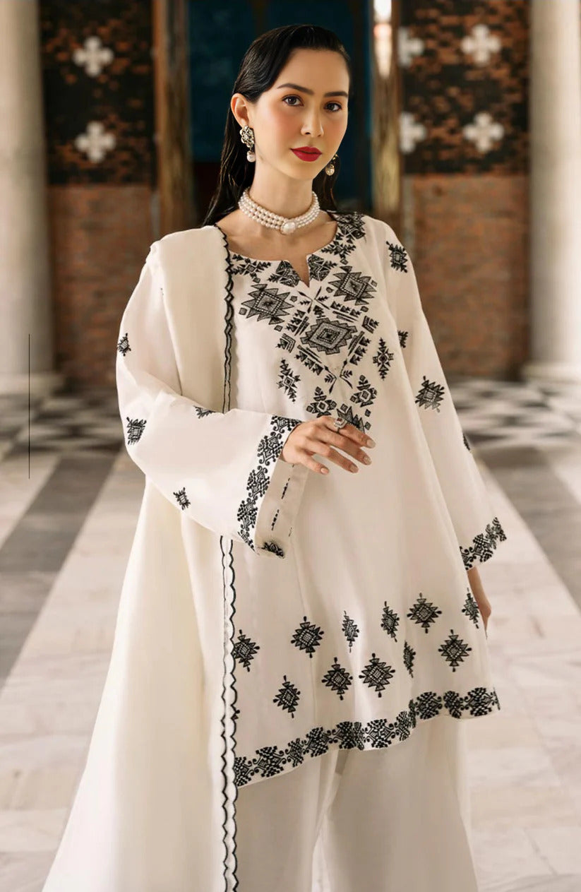 Embroidered Suit with Neck & Daman Detailing, Dupatta and Farshi Shalwar - 3 Piece