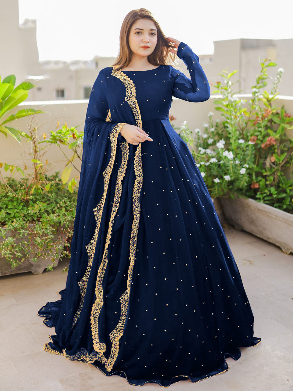 Pearl Detailed Maxi with Lace Work, Dupatta & Trouser - 3 Piece