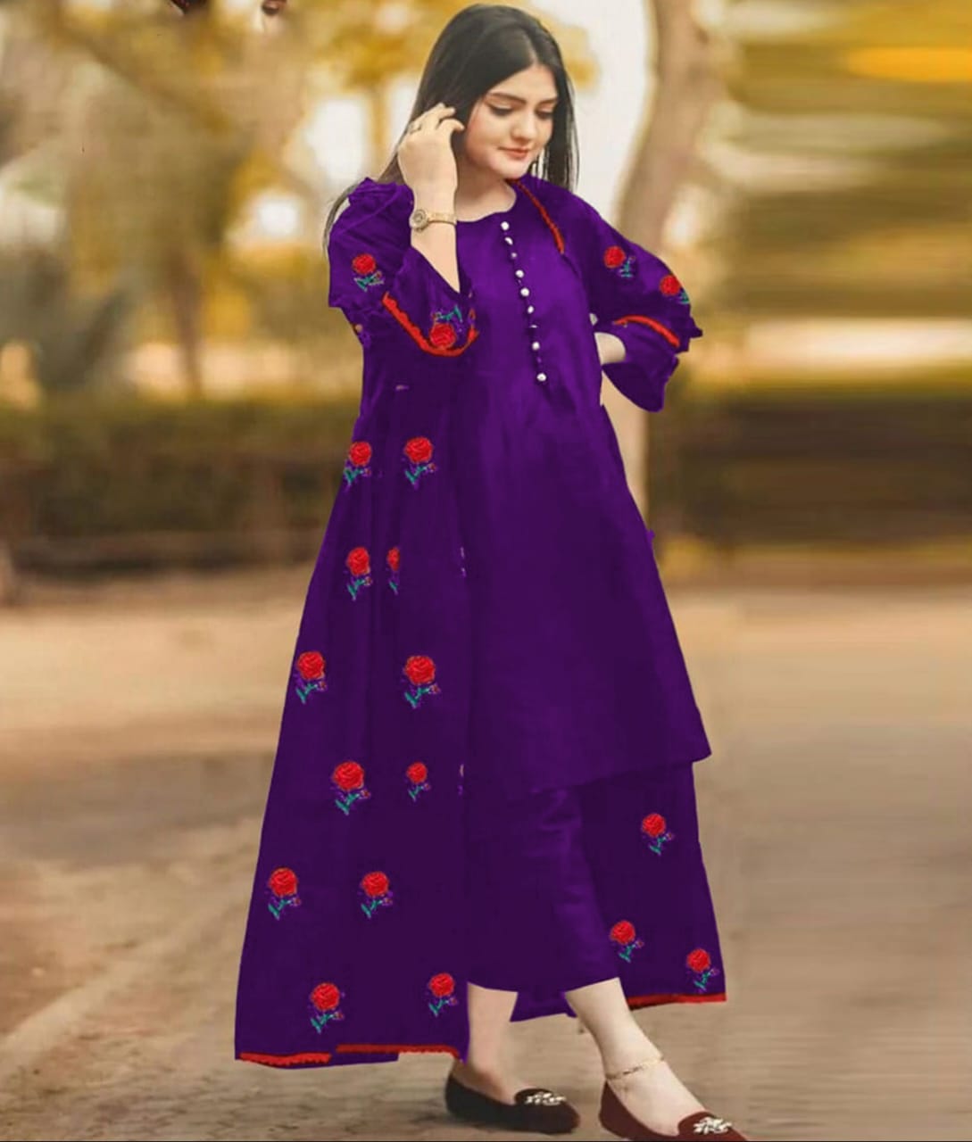 Rose Embroidered  Lace Work Long Gown With Inner Trouser - 3 Piece