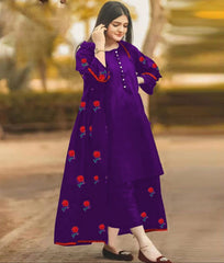 Rose Embroidered  Lace Work Long Gown With Inner Trouser - 3 Piece