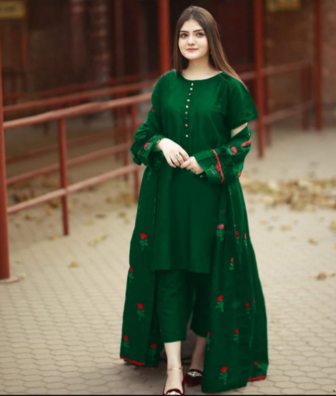 Rose Embroidered  Lace Work Long Gown With Inner Trouser - 3 Piece