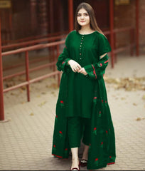 Rose Embroidered  Lace Work Long Gown With Inner Trouser - 3 Piece