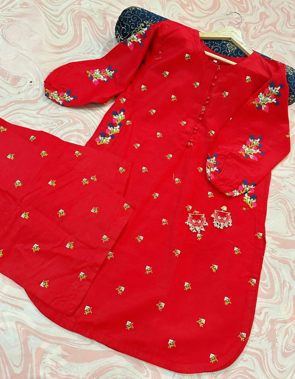 Embroidered Kurti with Front Stitch Buttons & Side Pockets - 2 Piece Flapper Set