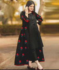 Rose Embroidered  Lace Work Long Gown With Inner Trouser - 3 Piece