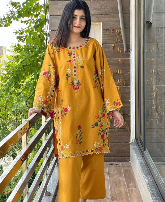 Multi Colorful Long Sleeves Embroidery Shirt With Trouser - 2 Piece