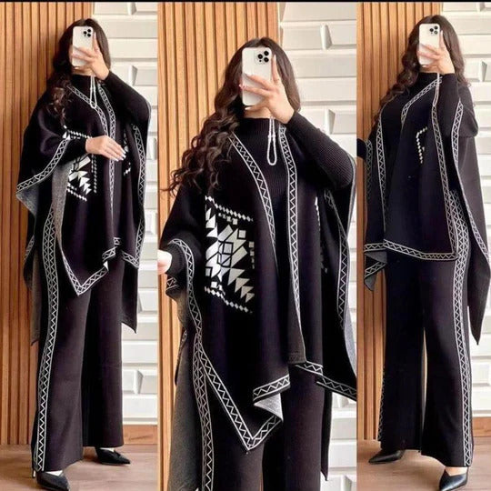 Front And Back Printed Upper Shawls With Plain Inner long Sleeves High Neck and Trouser - 3 Piece