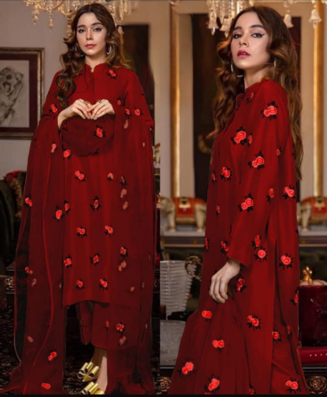 Rose Embroidery Shirt With Embroidery Dupatta - 3 piece