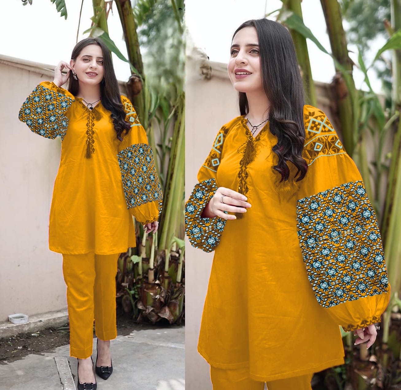 2 Piece Pure Linen Balloon Sleeves Embroidered