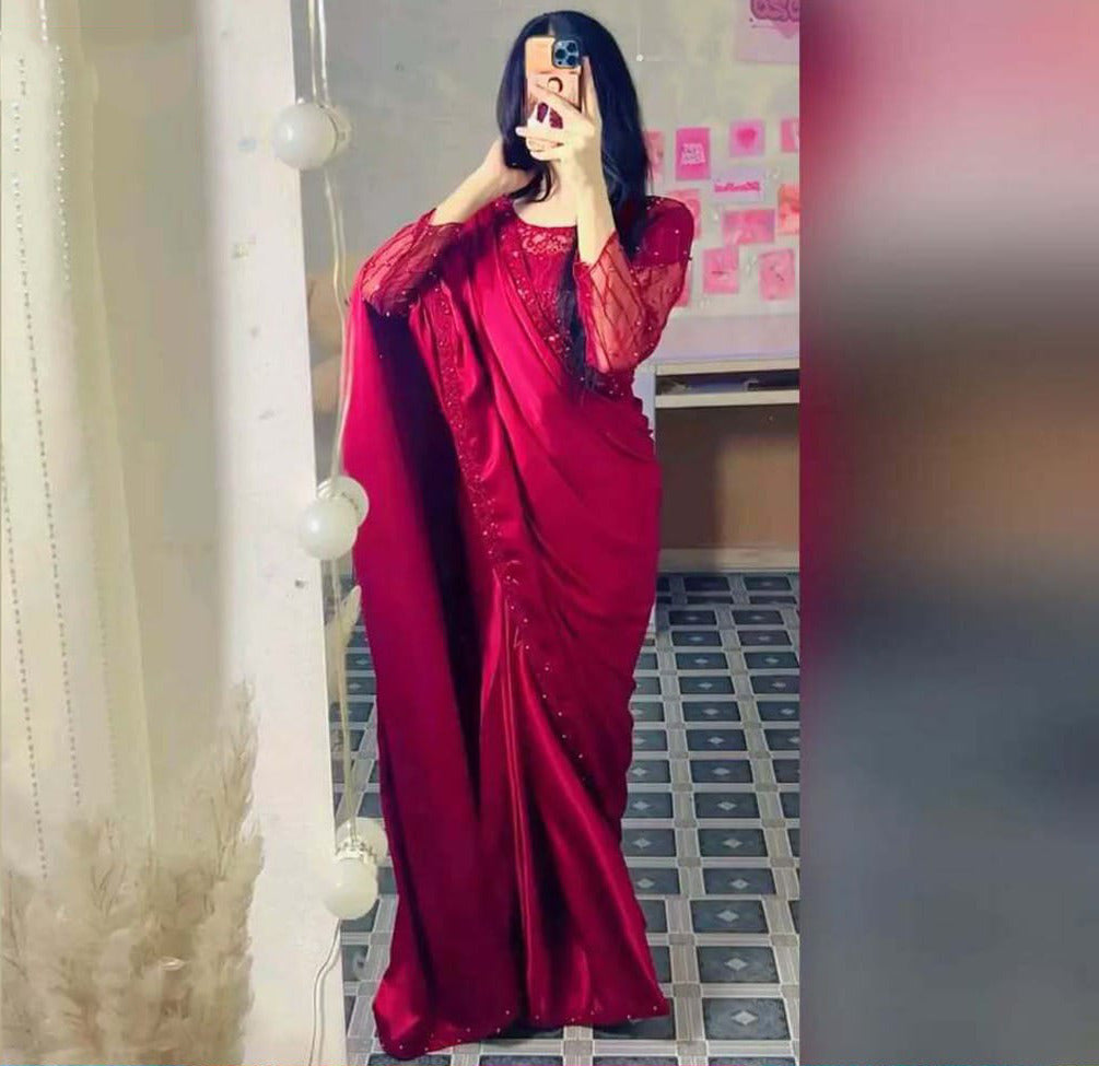 Pearl & Sequin Embroidered Silk Saree – Full Set