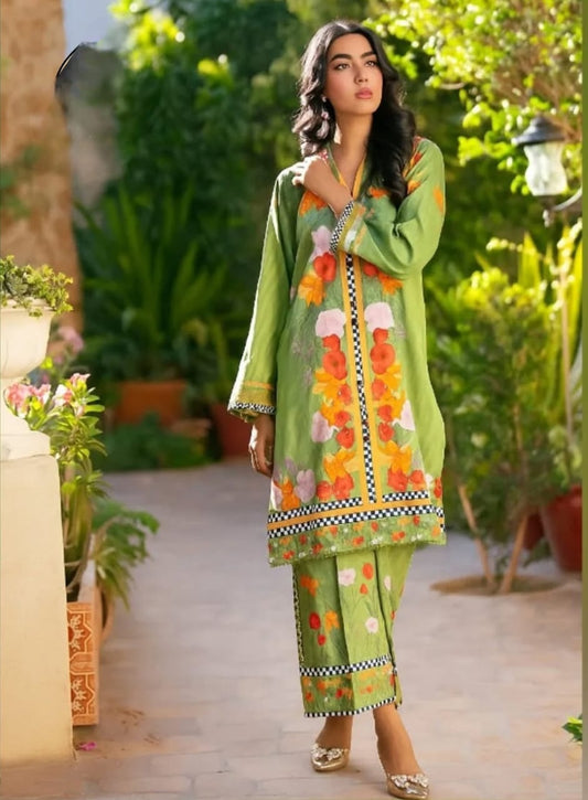 Swiss Lawn Digital Printed Cord Set With Mirror Lace - 2 Piece