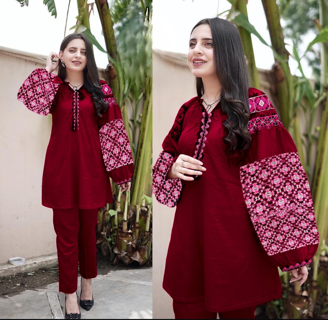 2 Piece Pure Linen Balloon Sleeves Embroidered