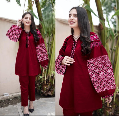 2 Piece Pure Linen Balloon Sleeves Embroidered