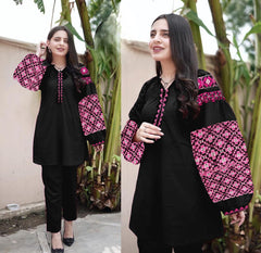 2 Piece Pure Linen Balloon Sleeves Embroidered