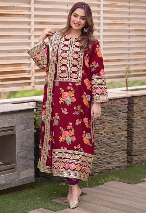 Sequence Patched Embroidered Neck, Sleeves and Daman with Printed Trouser and Dupatta - 3 Piece