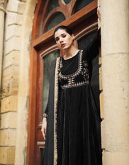 Valvet Neck & Sleeves Embroidered Maxi With Four Sided Lace Dupatta 3 - Piece
