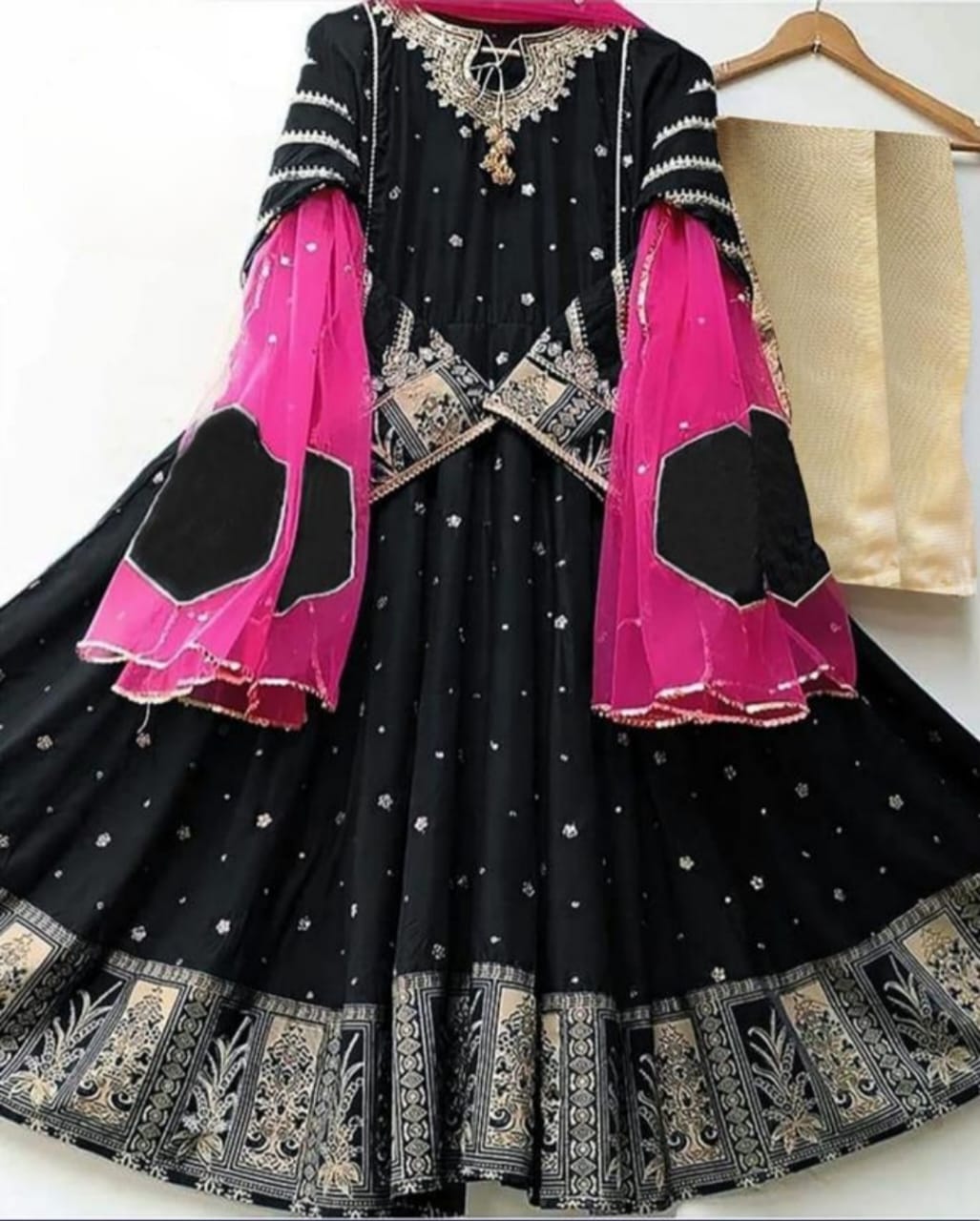 3 Piece - Embroidered Maxi With Pink Dupatta