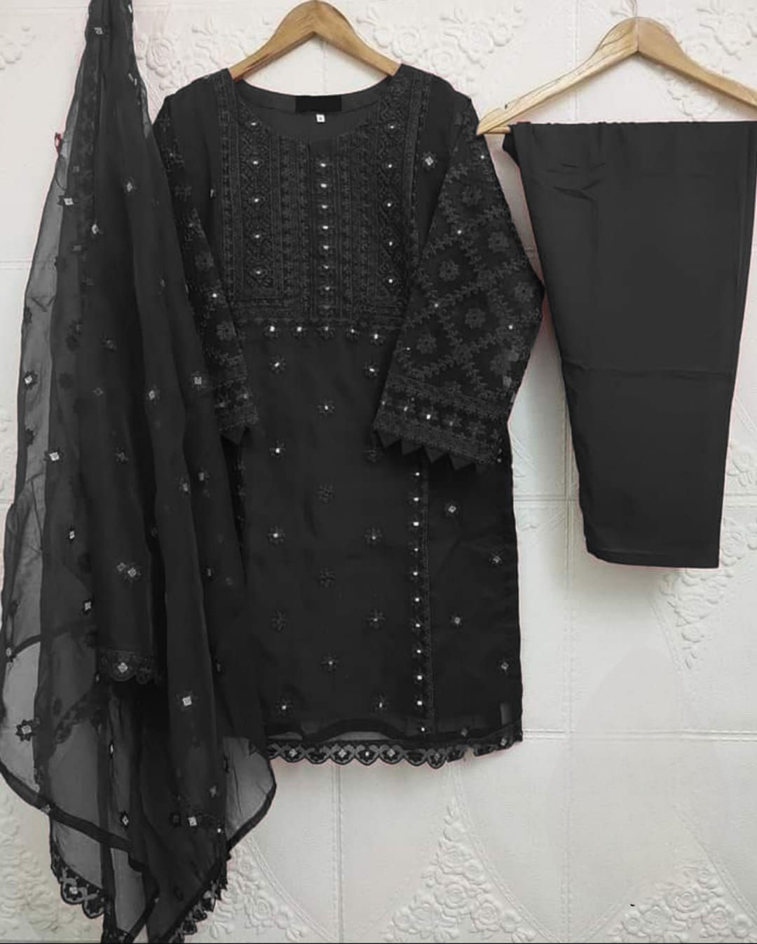 Heavy Embroidery Shirt With Pearls Attached - 3 Piece Dress