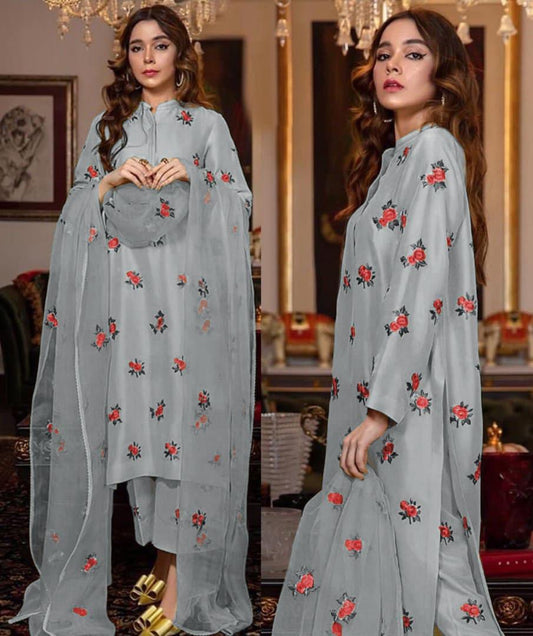 Rose Embroidery Shirt With Embroidery Dupatta - 3 piece