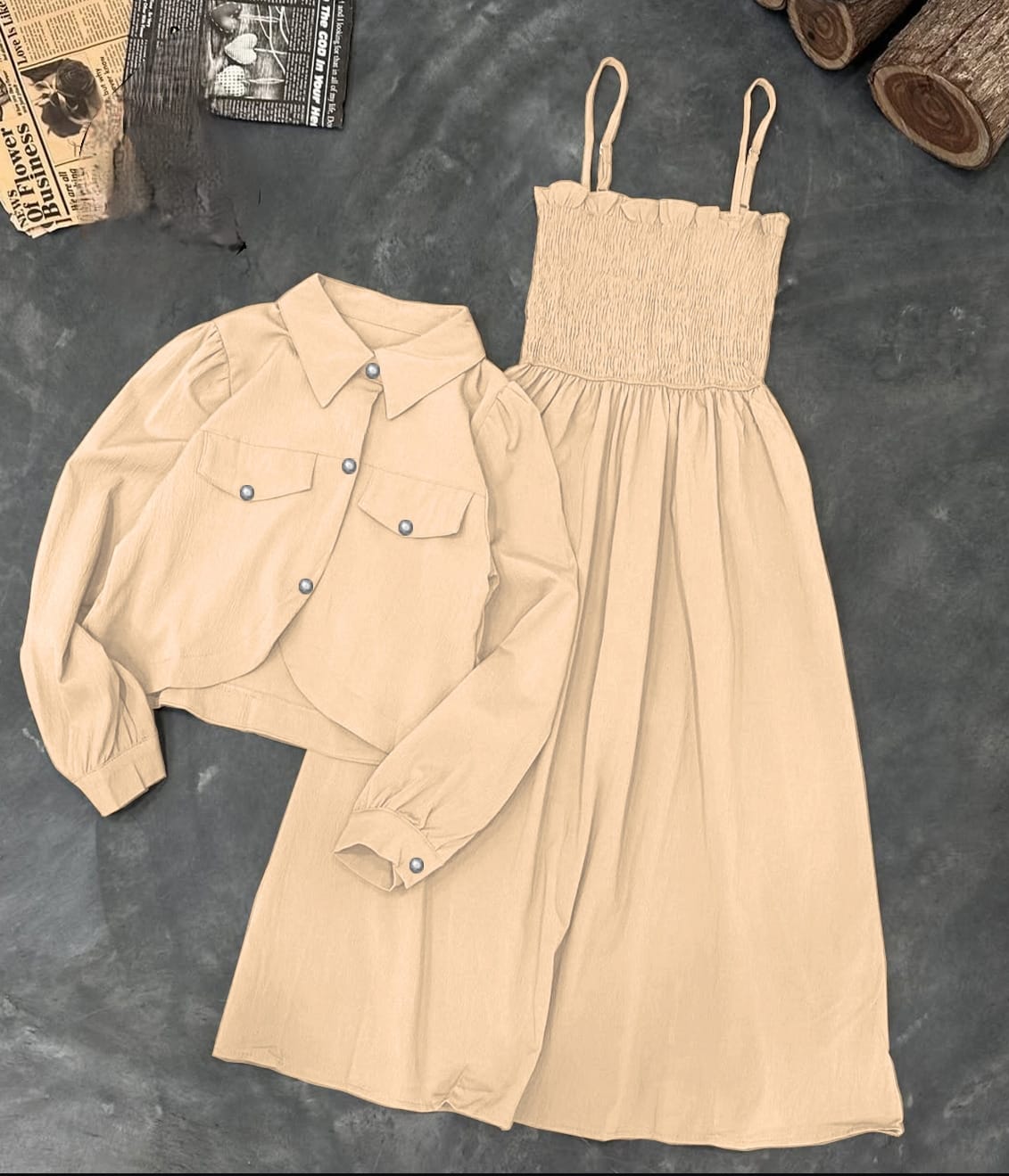 Kaaj Button Coati With Gazzer Romper Frock - 2 Piece