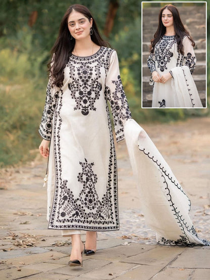 Front Heavy Embroidery Shirt With Frill Style Embroidered Dupatta 3 - Piece