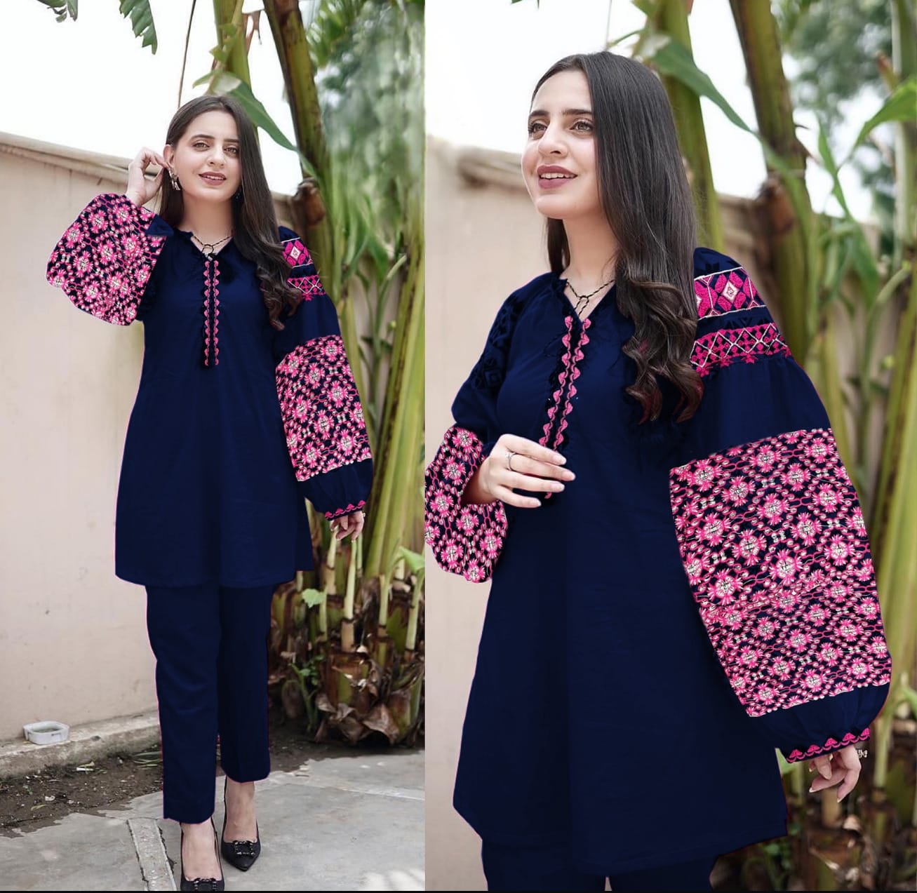 2 Piece Pure Linen Balloon Sleeves Embroidered