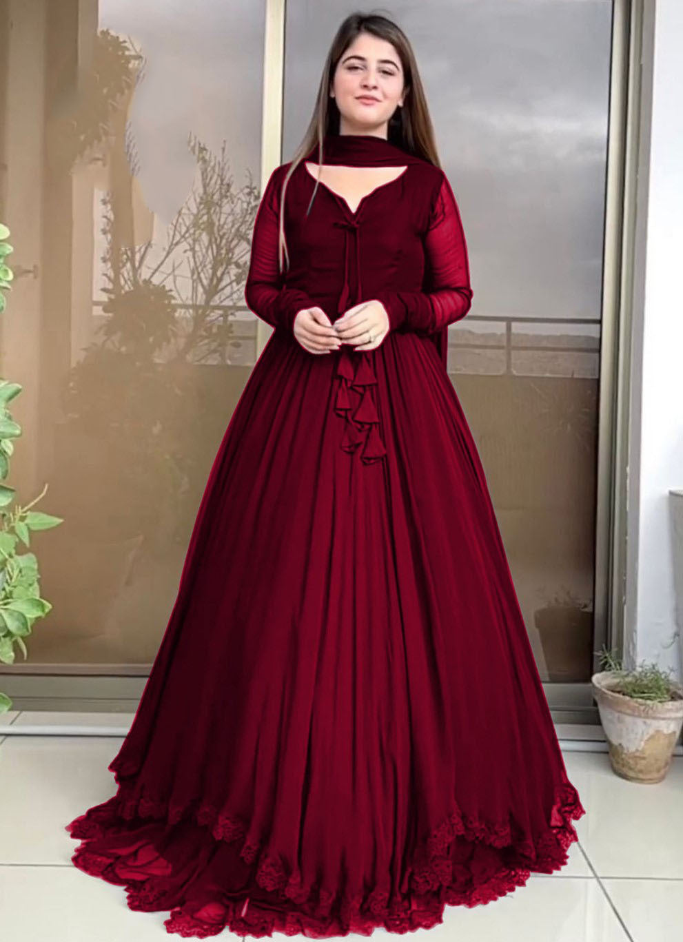 Two-Layer Border Maxi with Lace Detailing & Dupatta - 3 Piece