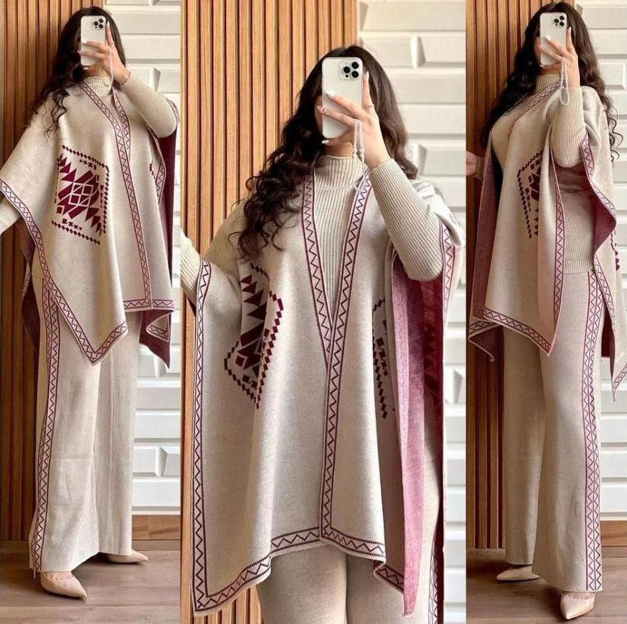 Front And Back Printed Upper Shawls With Plain Inner long Sleeves High Neck and Trouser - 3 Piece