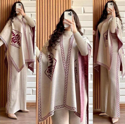 Front And Back Printed Upper Shawls With Plain Inner long Sleeves High Neck and Trouser - 3 Piece