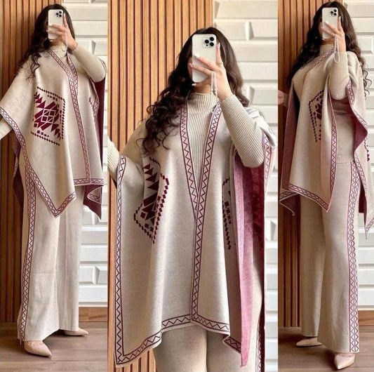 Front And Back Printed Upper Shawls With Plain Inner long Sleeves High Neck and Trouser - 3 Piece