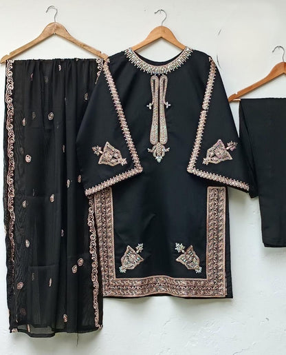 Embroidered Shirt with Dupatta – Front Neck, Sleeves & Daman Detailing - 3 Piece Suit