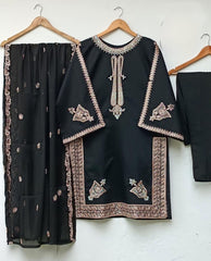 Embroidered Shirt with Dupatta – Front Neck, Sleeves & Daman Detailing - 3 Piece Suit