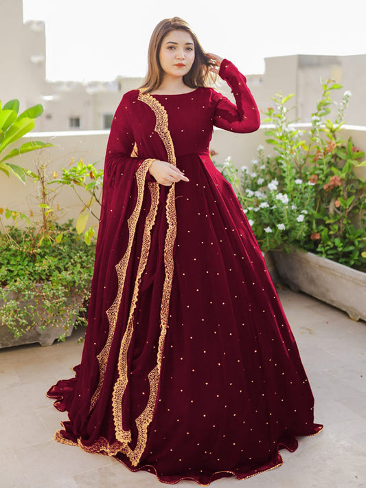 Pearl Detailed Maxi with Lace Work, Dupatta & Trouser - 3 Piece