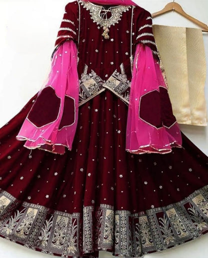 3 Piece - Embroidered Maxi With Pink Dupatta