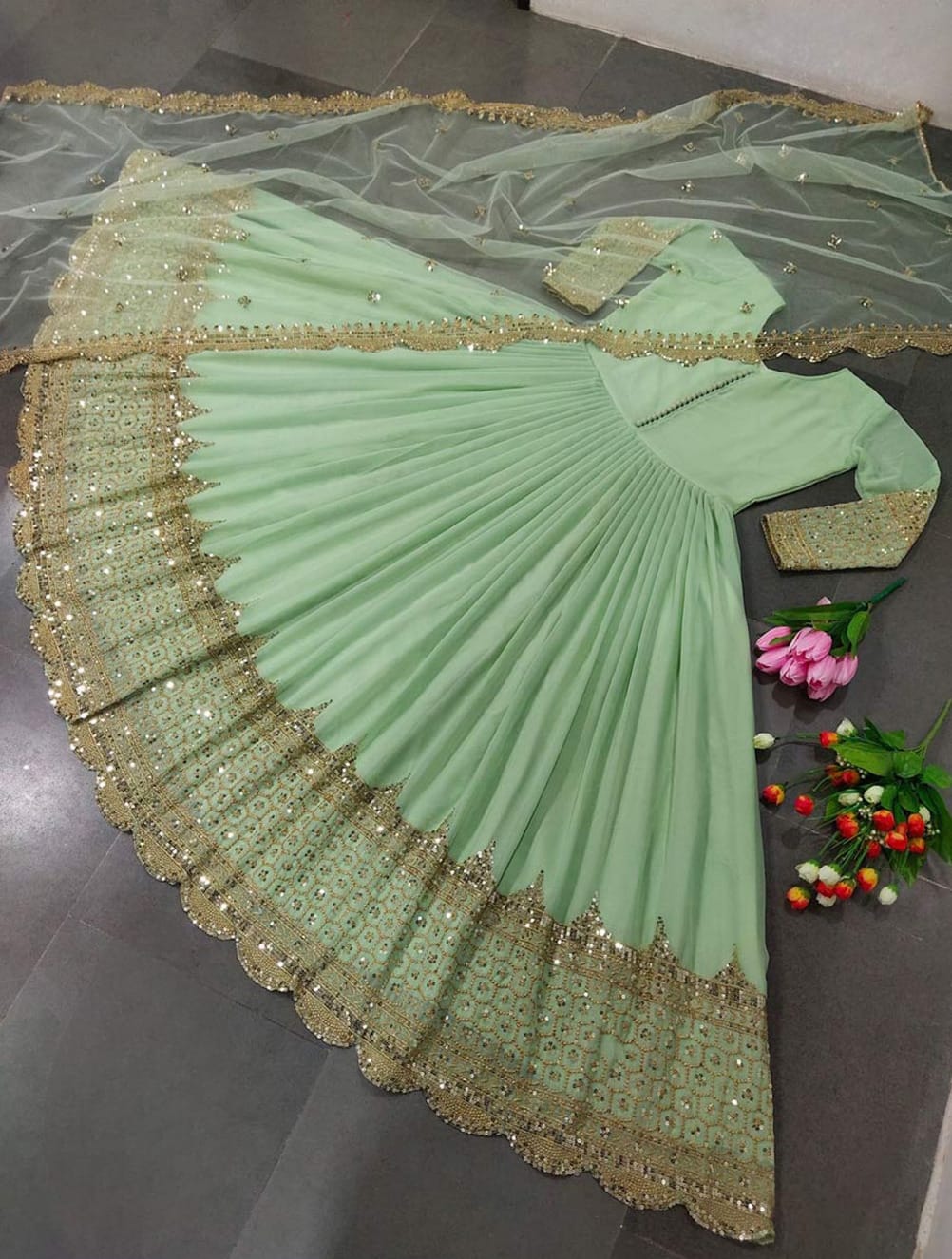 Sequins Embroidered Maxi with Border Sleeve Embroidery & Sequins Dupatta - 3 Piece